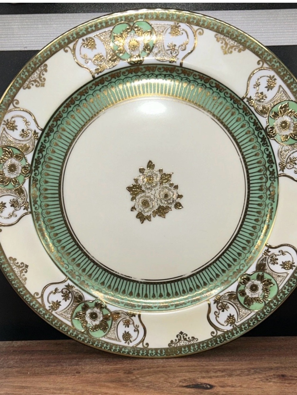 Vintage Hand Painted Japan Porcelain Plate – Green & Gold Floral Design
